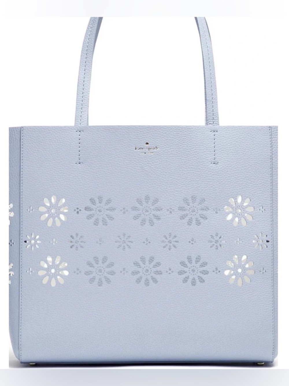 Kate Spade Blue Pebbled Leather Faye Drive Hallie Tote Bag Perforated Flowers
